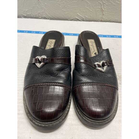 Brighton Kelsey Heart Black Brown Leather Slip On Mules Italy Womens Size 7M - Picture 1 of 5